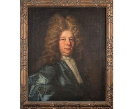 Circle of Sir Godfrey Kneller [1646-1723]-Portrait of a gentleman, bust-length, with blue eyes and a full-length fair wig, we