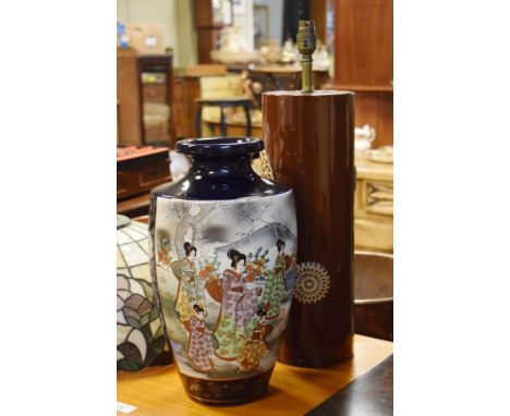 1960's period brown glazed pottery table lamp together with a Japanese Satsuma vase   Condition: 