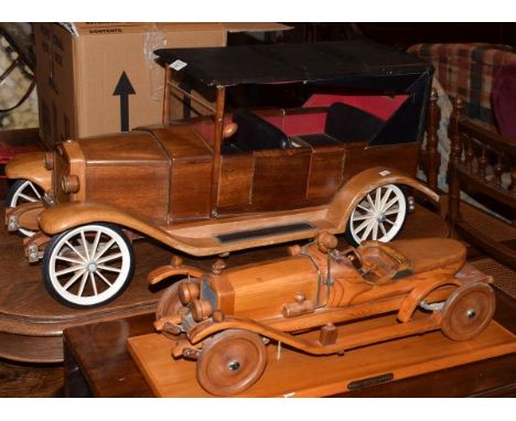 Large modern wooden model of a vintage Volvo open touring car 'The Jakob', together with another wooden model of a vintage ca