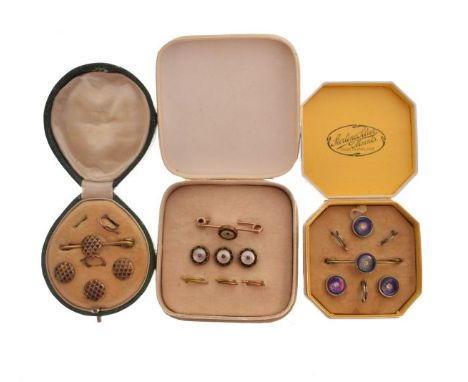 Three piece button set and matching tie-pin with mother-of-pearl decoration, a similar set and another set with gilt and purp