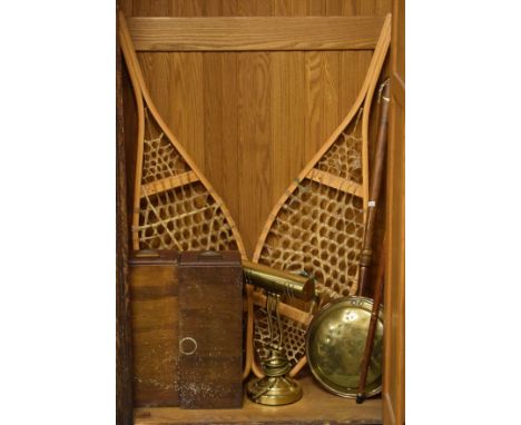 Pair of snowshoes, warming pan, two box files, table lamp and a walking stick   Condition: 