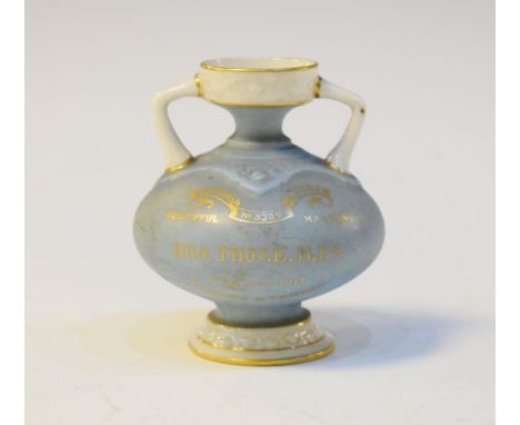 Masonic Interest - Small Royal Worcester two handled vase having gilt script 'Bro Thos.E. Iles, Worshipful Master, Concord Lo