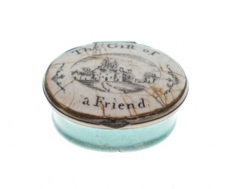 Late 18th/early 19th Century Staffordshire enamel oval patch box, the hinged cover with painted decoration depicting a landsc
