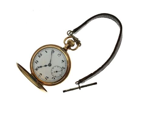 Gold plated gentleman's half hunter side wind pocket watch having a white enamel dial with subsidiary seconds dial   Conditio
