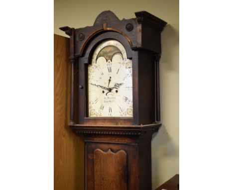 19th Century oak longcase clock by John Bunting of Long Buckey, the trunk with long door, moon phase dial with Roman and Arab