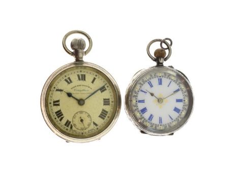 Lady's silver top wind fob watch, having an engraved Britannia standard case, white enamel dial and blue Roman numerals toget