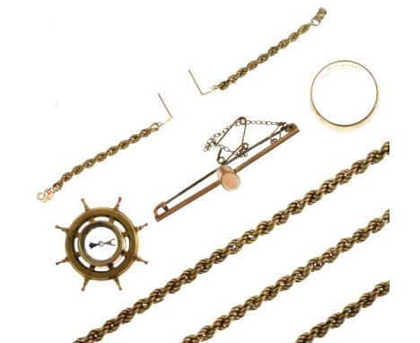 9ct gold wedding band, 9ct gold rope twist chain approx 13.9g, together with a bar brooch and a pair of rope twist design dro