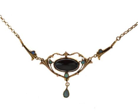 Silver gilt necklace set oval garnet coloured stones with opal accents and tear shaped drop, stamped 800 and a belcher link c