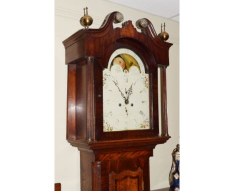 19th Century mahogany and oak longcase clock, the hood with swan neck pediment, arch shaped glazed door flanked by fluted pil