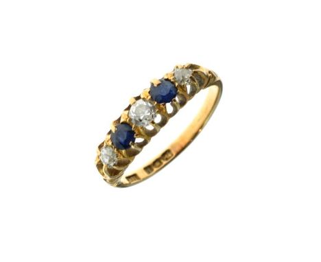 18ct gold dress ring set three diamonds and two sapphire coloured stones, size K½   Condition: 