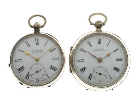 Two silver key wind gentleman's pocket watches, the white enamel dials with Roman numerals and subsidiary seconds dial, one c