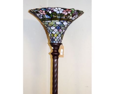 Reproduction bronzed metal standard lamp having a stained and leaded glass style shade   Condition: 