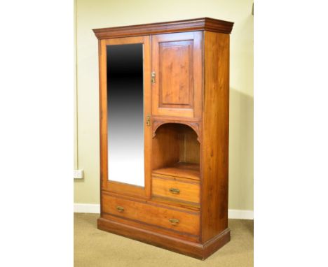 Edwardian walnut Beaconsfield wardrobe fitted bevelled mirror panelled door, cupboard door with open shelf and one short and 