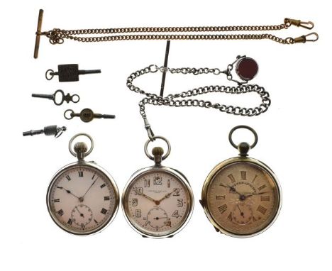 Silver cased gentleman's pocket watch, the white enamel dial inscribed 'Camerer Cuss & Co London', on silver curb link Albert