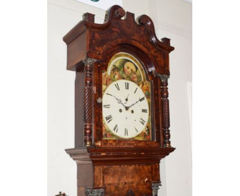 19th Century crossbanded mahogany longcase clock by A.Russell, the hood with swan neck pediment, arch shaped glazed door flan