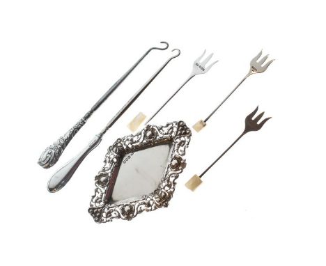Silver pin dish, two silver handled button hooks etc   Condition: 