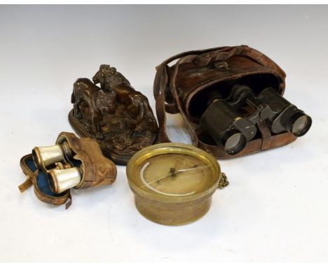 Early 20th Century brass cased circular aneroid barometer, pair of opera glasses, pair of field glasses and a bronzed metal f