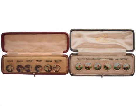 Set of six buttons with golfing decoration, cased, together with another set of six with portrait decoration, also cased   Co