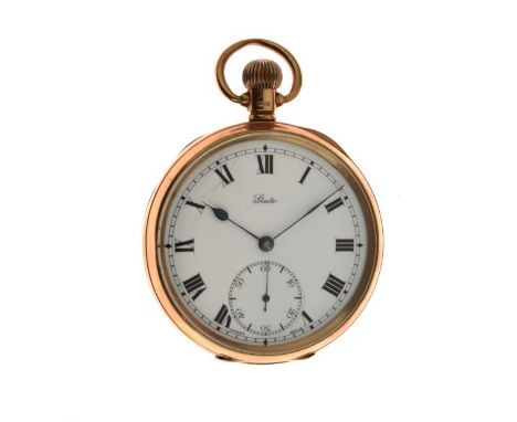 9ct gold gentleman's top wind pocket watch, the white enamel dial inscribed 'State', having Roman numerals and subsidiary sec