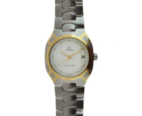 Omega Seamaster bi-metal stainless steel cased wristwatch, the white dial with button markers and centre seconds with date, t