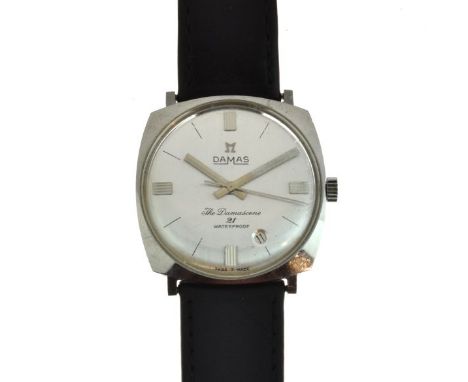 Damas 'The Damascene' stainless steel Inca block antimagnetic wristwatch having silver dial with baton markers and date at 5 