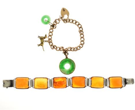 Bracelet set rectangular amber links stamped 800, together with a curb link bracelet stamped 15ct having heart shaped clasp w