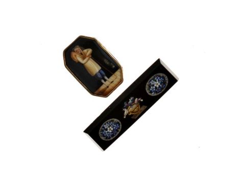 Rectangular micro mosaic bar brooch depicting birds at a fountain and flowers and one other gilt metal mounted brooch having 
