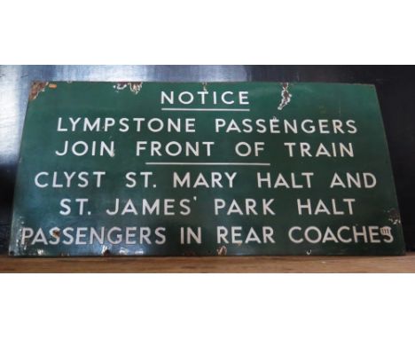 A Pre 1948 Railway Enamel Sign which would have been displayed at Exeter Central Station 'NOTICE LYMPSTONE PASSENGERS JOIN FR