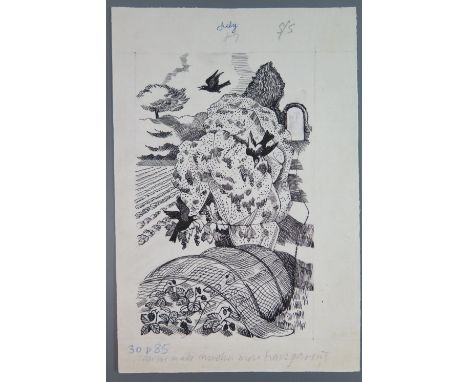 John Nash RA (1893-1977), The Countryside Book July, original pen and ink illustration, 17.5 x 11 cm