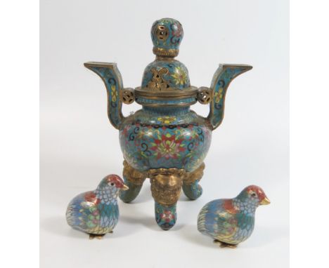 A Chinese Cloisonné Tripod Censer with cover 13.5 cm high and two modern birds