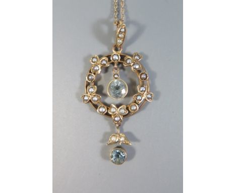 A 9ct Gold Seed Pearl and Aqua Marine? Pendant on chain, c. 4cm drop, 4.1g