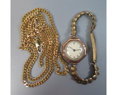 A 9ct Gold Ladies Watch A/F and yellow metal chain