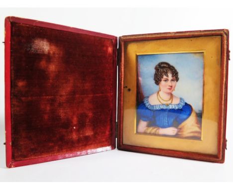 A Nineteenth Century Miniature Portrait of a lady in red leather case, 9 x 7 in. IVORY panel. NO BIDDING from counties where 