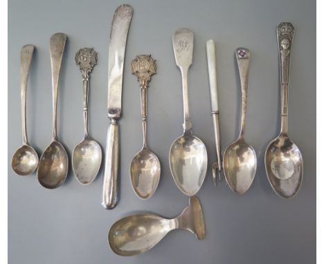 A George V Silver Caddy Spoon, Sheffield 1913, Georgian silver mustard and salt spoons etc