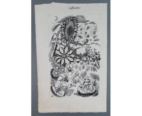 John Nash RA (1893-1977), The Countryside Book September, original pen and ink illustration, 17 x 11 cm