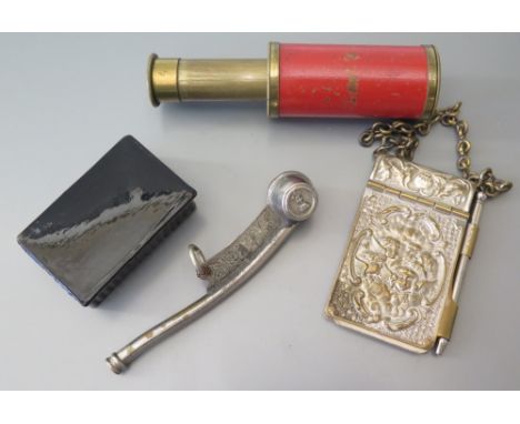 A Silver Plated Bossun's Whistle, Aide Memoir, papier mache snuff box and pocket telescope