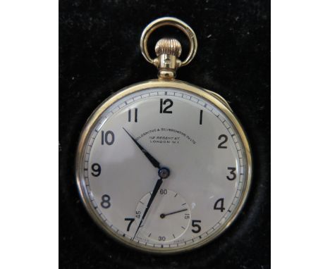 A Goldsmiths &amp; Silversmiths Co. 9ct Gold Cased Keyless Open Dial Pocket Watch, c. 1953, running. Engraved presentation in