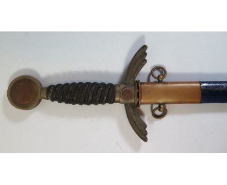 A WWII Nazi German Luftwaffe Sword with blue leather scabbard, blade marked David Malsch 72 / 90 cm
