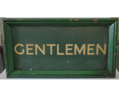 A Green Railway GENTLEMEN Double Sided Enamel Platform Sign with heavy wooden frame, 85 x 35 cm