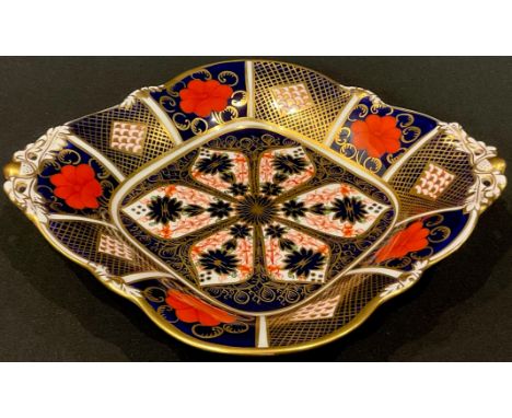 A Royal Crown Derby Imari 1128 pattern two handled shaped square dish, moulded with acorns, 22cm wide, printed marks, first q