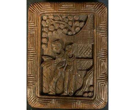 A Chinese hardwood rounded rectangular table snuff box, carved in relief in the Cantonese manner, 10cm wide, c.1900 