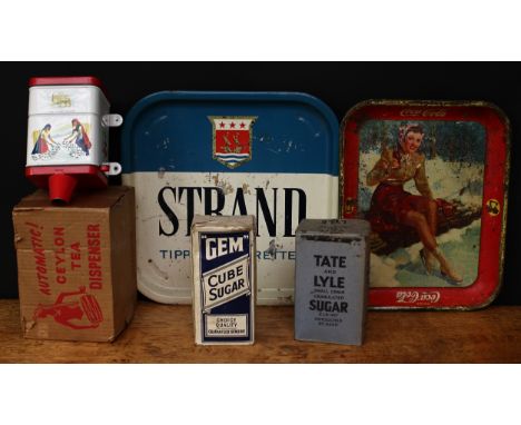 Advertising ? a mid 20th century wall mounted tin automatic Ceylon tea dispenser, printed with scenes of Portugese girls pick