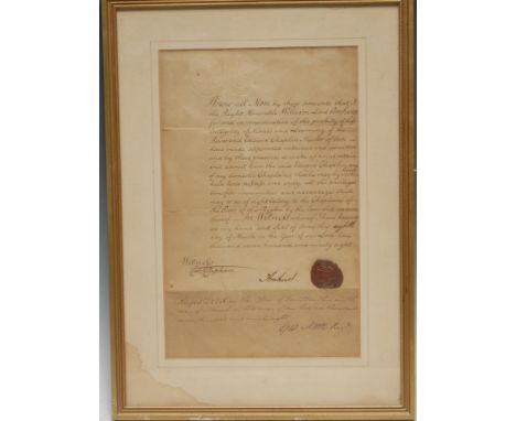 Power & Patronage in Georgian England - a George III ink manuscript contract of clerical appointment, signed and sealed by Wi