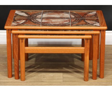 Mid-century Design - a Danish teak tile-top nest of three occasional tables, by Ox-Art for Trioh, signed and dated 77, the la