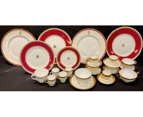 Minton Collection from the Minton Factory Archive Collection - a pair of Minton plates, crest to centre, banded in maroon and