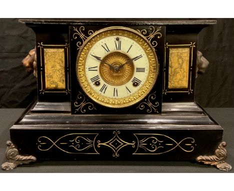 An American Ansonia Clock Co cast metal mantel clock, with faux marble panels, ivorine chapter ring, Roman numerals, twin win