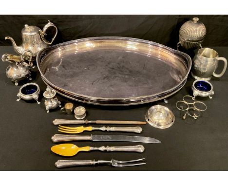An EPNS two handled oval gallery tray, 61cm wide;  a pair of George III style open salts, lion mask pad feet;  an eg coddler;