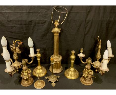 Lighting - a pair of 19th century brass gas lights, stamped Emden, possibly for a ship; a Corinthian column table lamp; other