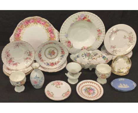 A Royal Albert Serena pattern sandwich plate; a pair of Royal Albert Royal Ascot coasters; a Sweet Pea April bowl; four Laven