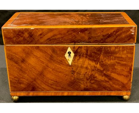 A George III mahogany tea caddy, satinwood crossbanded, 21cm wide, c.1800 